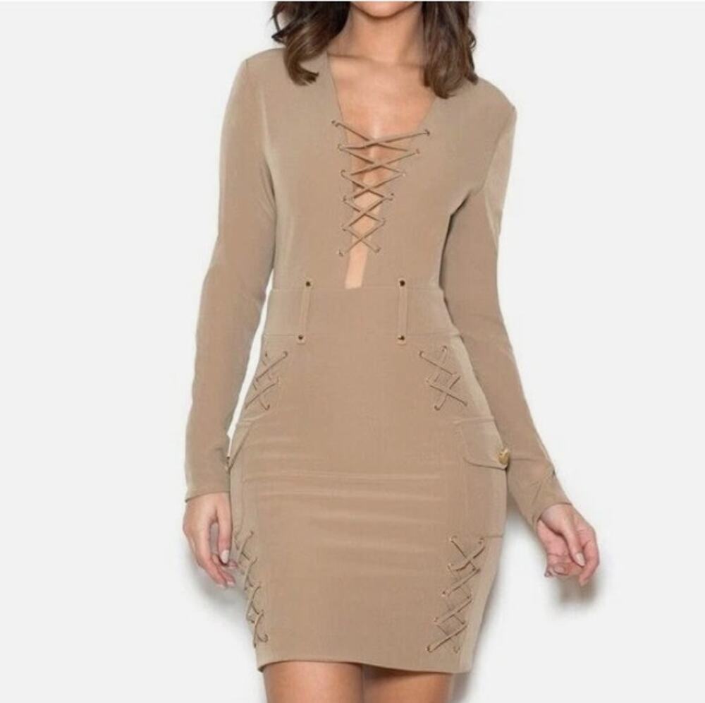House of CB London Taupe Thamina Bodycon Long Sleeve Mini Dress Size XS